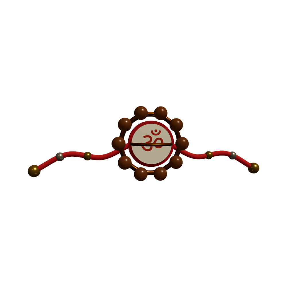 Earthy Rudraksha rakhi — Sacred beads, copper accents, rendered in 3D